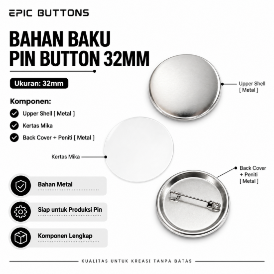 Bahan Pin Button 32mm Metal Back Cover | Blank Pin Button 32mm Set Upper Shell Mylar Peniti untuk Mesin Press Bahan Pin Button 32mm Metal Back Cover | Blank Pin Button 32mm Set Upper Shell Mylar Peniti untuk Mesin Press